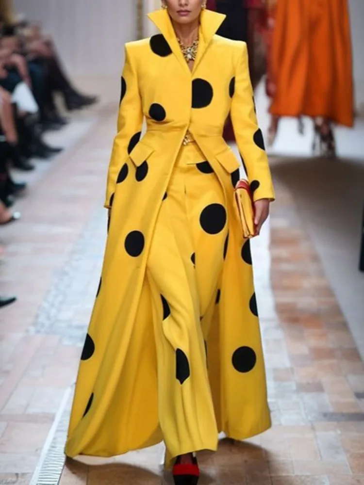 Yellow Winter Clothing - Gymystars Mantel Wol Polka-Dot Wanita Jaket